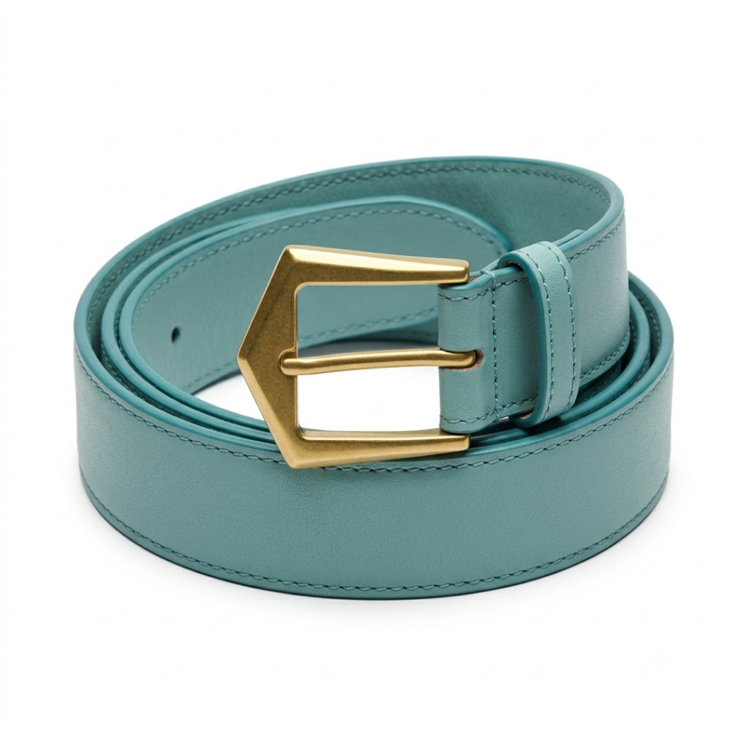 Premium Cyan Leather Belt – Rolled View | Maison Valor